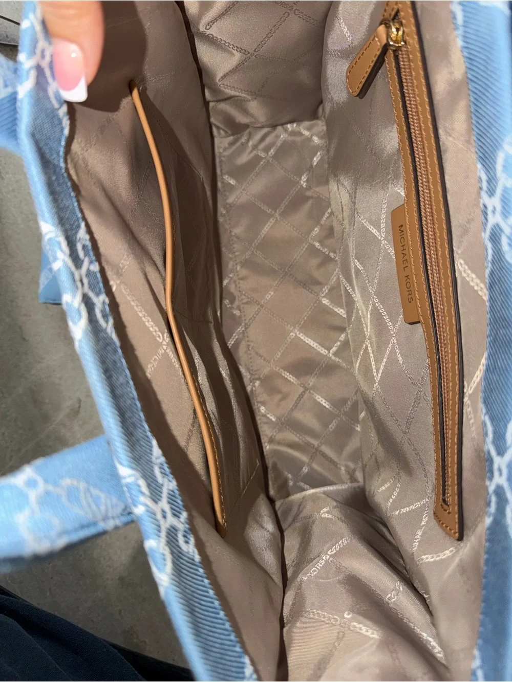 Michael Kors Light Blue Signature Canvas Tote with Tan Strap and wallet